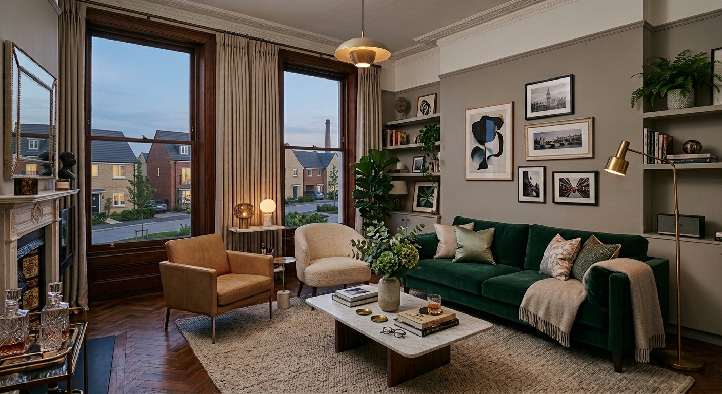 A stylish living room in a Wixams short-term rental with views over the waterfront